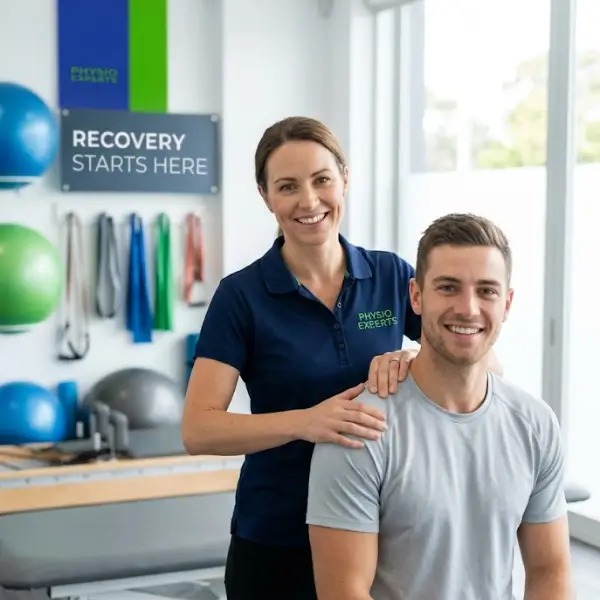 Expert physiotherapist treating a patient's shoulder at Physio Experts clinic.